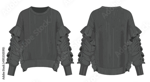 Elegant gray ribbed sweater illustration with fashionable ruffled sleeves, showcasing modern textile design