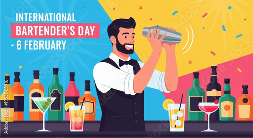 Bartender shaking cocktail on international bartender's day february 6 with colorful drinks and bottles
