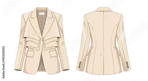 Contemporary women's elegant cream blazer design illustration with distinctive layered front panels. Front and back views detailed for fashion tech