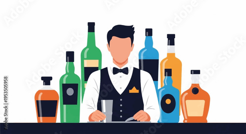 Bartender mixing drink behind bar with various colorful liquor bottles on counter in modern style