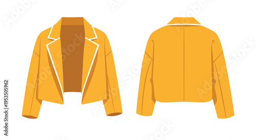 A vibrant yellow jacket displayed in a clean graphic illustration showcasing both the front and back views for fashion design and apparel concept