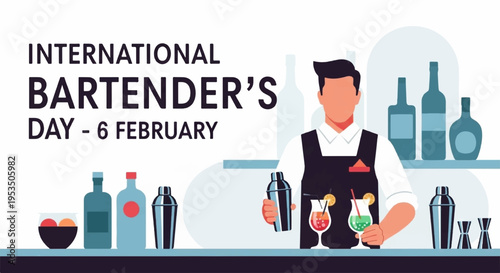 Bartender preparing colorful cocktails on bar with bottles and shakers for international bartender's day