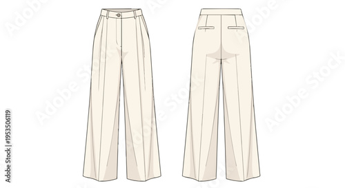 Detailed technical illustration of elegant wide-leg pleated trousers, featuring front and back views for fashion design and apparel pattern making