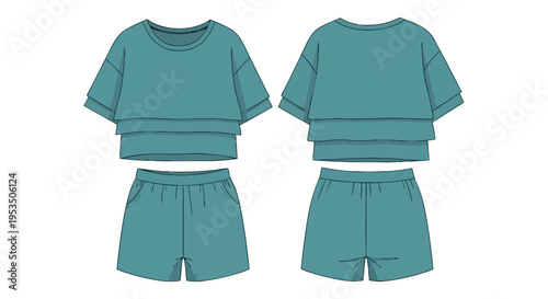 Stylish teal leisurewear ensemble featuring a contemporary layered crop top and comfortable relaxed fit shorts presented in detailed technical flat