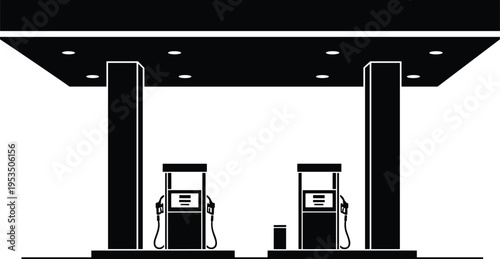 Gas station fuel pump silhouette illustration, petrol station service canopy with gasoline pumps, energy transportation refueling concept vector