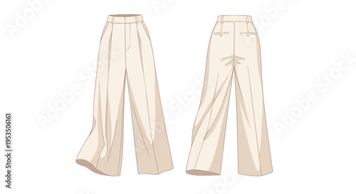 Elegant wide-leg women's trousers technical sketch, front and back views displayed for fashion design inspiration. A detailed apparel design drawing