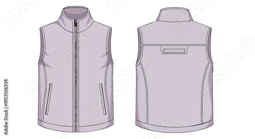 This detailed technical flat sketch showcases a versatile sleeveless vest design, perfect for outdoor activities or layered casual wear,