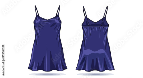 Elegant indigo blue satin slip dress illustration featuring front and back views, ideal for fashion design, lingerie catalogs, or women's nightwear