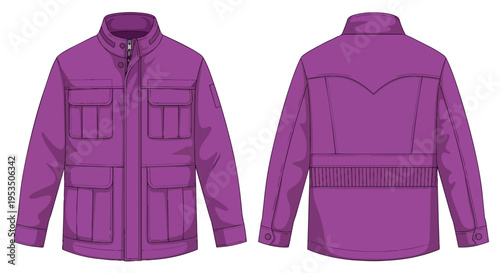 Detailed flat technical drawing of a stylish vibrant purple utilitarian jacket presented in front and back views for fashion design and apparel