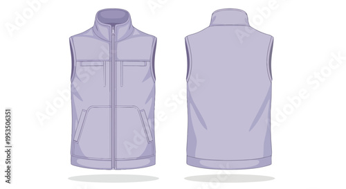 Vector illustration of a blank purple sleeveless vest with zipper, front and back views for apparel design