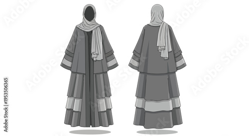 Elegant vector illustration of a modern modest garment design. Front and back views display refined layers and flowing drapery. Perfect for fashion