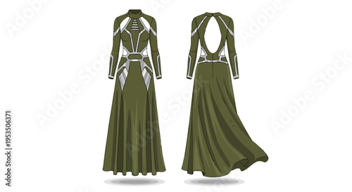 Elegant futuristic gown with geometric silver accents and a stylish back cutout design
