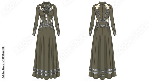 Elegant futuristic long-sleeved gown in olive, featuring intricate geometric designs and metallic silver detailing.