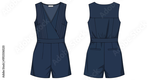 Sleeveless navy blue playsuit design featuring a sophisticated V-neck wrap front and pleated bodice details, highlighting modern casual elegant