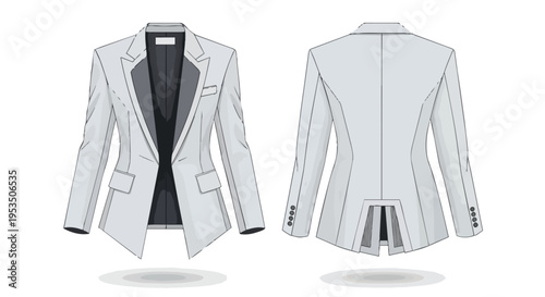 Technical illustration of a sleek women's tailored blazer, showcasing professional front and back design views perfect for fashion CAD and garment