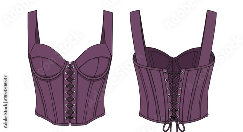 Stylish purple corset design with intricate front and back lacing details, a fashion illustration.