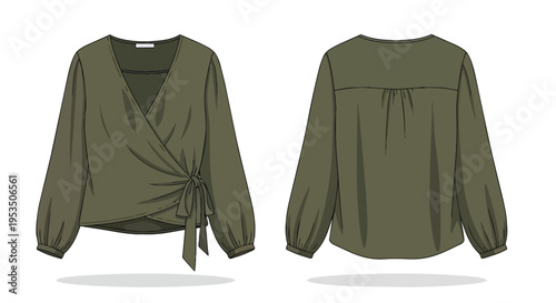 Detailed fashion flat sketch of an olive green women's wrap blouse with puff sleeves and tie waist