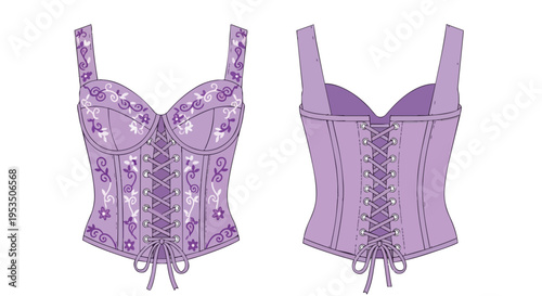 Elegant lavender corset featuring detailed floral embroidery presented as a stylish fashion illustration. This chic garment includes front and back