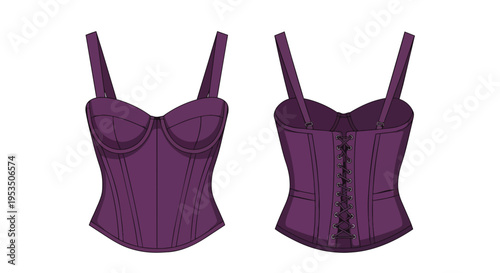 Elegant purple structured corset design showcasing a detailed front view and intricate laced back for fashion illustration purposes a sleek refined