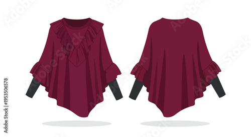 Elegant maroon asymmetrical poncho top with ruffled neckline and cuffs, featuring a layered design and long dark sleeves, perfect for fashion
