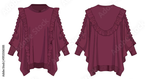 Sophisticated maroon garment featuring flowing ruffles, a comfortable loose fit, and elegant long sleeves. A contemporary fashion illustration,