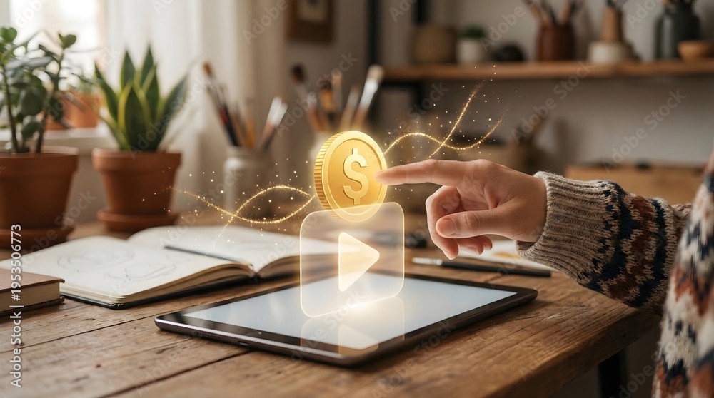 Obraz premium Content creator hand with glowing coin from play button icon