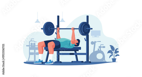 Man Lifting Barbell on Bench Press in Gym Vector Illustration Fitness Workout