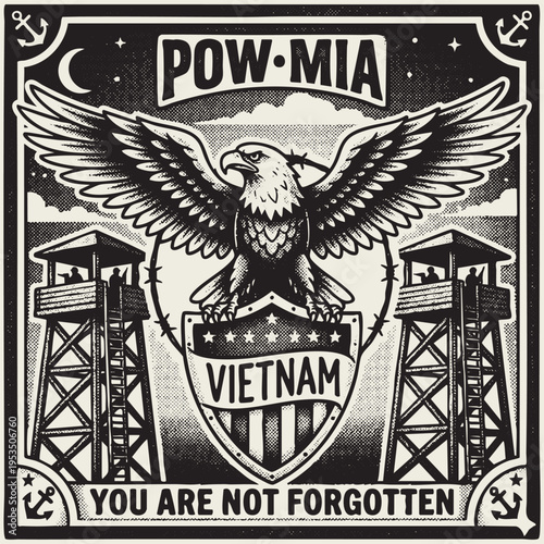 A black and white graphic illustration honoring pow mia soldiers from the vietnam war conflict era