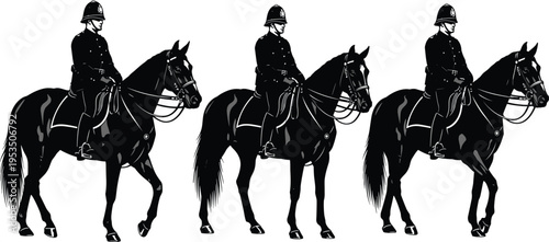 Mounted, police, officer, horse, silhouette, vector, illustration, patrol, law, enforcement, cavalry, security, uniform, rider, animal, black, isolated, design, vintage, symbol