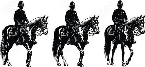Mounted police officers on horses silhouettes set, law enforcement patrol cavalry illustration, security police horse rider vector collection