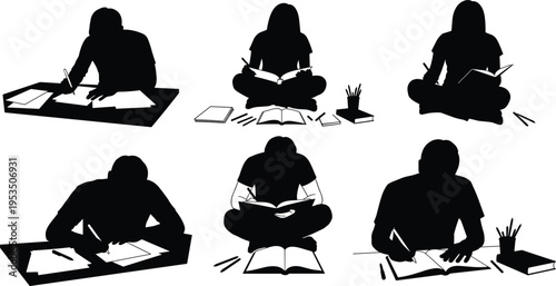 Students, studying, reading, writing, silhouette, vector, illustration, education, learning, homework, school, university, book, study, knowledge, academic, black, isolated, design, set