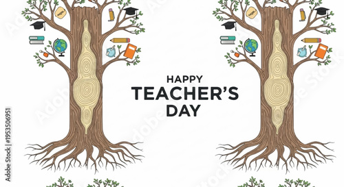 Happy teacher's day illustration with tree roots and colorful books