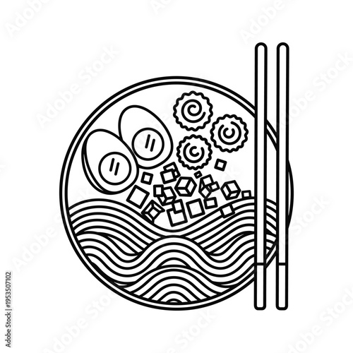 Ramen Bowl Line Art Icon: Noodles, Eggs, Narutomaki, and Chopsticks