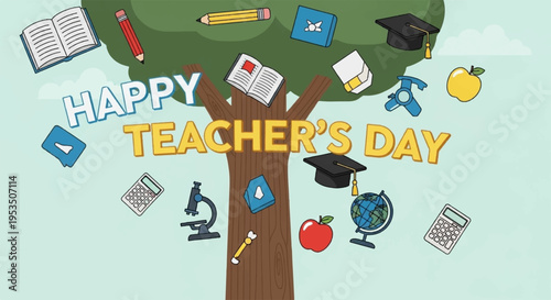 Happy teacher's day celebration with educational icons and school supplies on tree