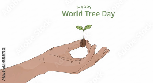 Hand holding small green plant with soil on world tree day symbolizing growth and environmental care