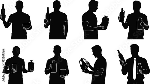 Man holding bottles and containers silhouette set showing beverage, liquid and product presentation poses for lifestyle, advertising and packaging concept design