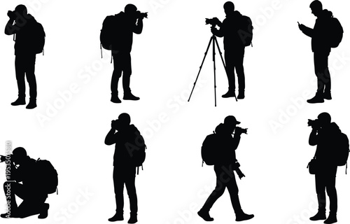 Photographer silhouette collection showing professional camera shooting poses with backpack, tripod and mobile use for travel, journalism and content creation