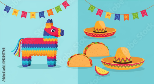 Colorful pinata tacos and sombreros for festive mexican party decoration with banner