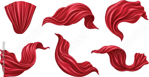 Flowing red fabric in motion, abstract drapery and cloth elements for dramatic design backgrounds, abstract background