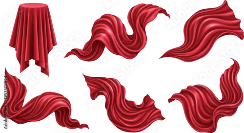 Collection of flowing red fabric elements, abstract drapery and cloth in motion for design, abstract background