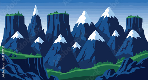 Flat vector landscape of steep blue snow capped mountains