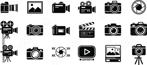 Camera and video media icon set featuring photography equipment, film production symbols and multimedia elements for digital content creation design