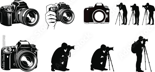 Camera and photographer silhouette set featuring DSLR equipment, professional photography poses, tripod shooting and creative visual content production concept