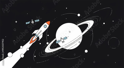 Rocket ship blasting off into space passing a large white planet with rings in the galaxy background