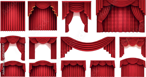 Collection of twelve red velvet stage curtains and drapes, showcasing diverse styles, pleated textures, and gold embellishments for theatre and opera, velvet curtain
