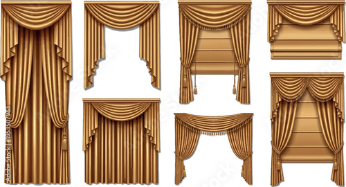 Assortment of seven luxurious golden drapes and curtains with ornate trim, for theatre, opera, or event decor, presented on a white background, velvet curtain