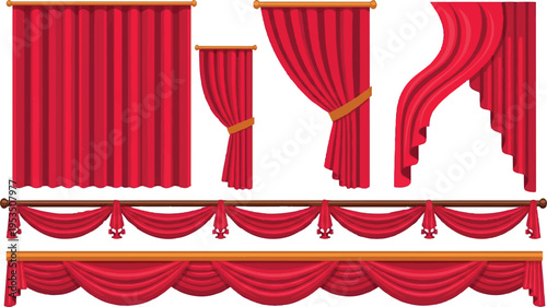 Assortment of red velvet drapes and curtains for stage, theatre, or opera, including plain panels, tied backs, and decorative pelmets with wood trim, tied back