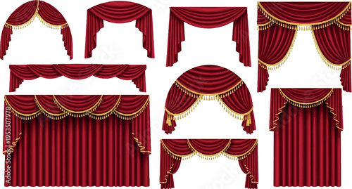 Set of nine opulent red velvet curtains with decorative gold fringe and swags, in various theater and opera stage designs, velvet curtain