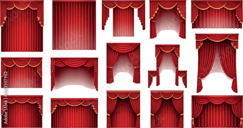 Extensive collection of fifteen red velvet theatre stage curtains and drapes, in diverse styles featuring gold trim and intricate pleating, velvet curtain