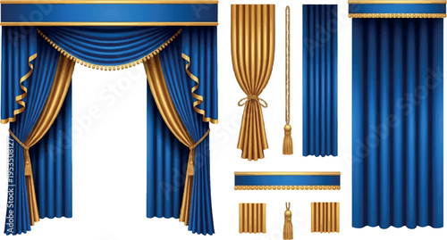Luxury blue and gold theater curtains, grand stage drapes, ornate pelmets, and fabric samples, elegant stage dressing elements, window treatment